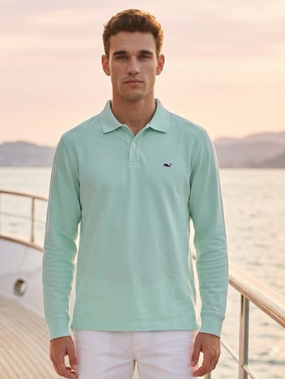 Vineyard Vines Men’s Edgartown Long Sleeve Polo - Aqua Haze. Size Medium